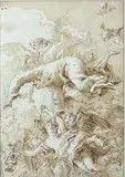 Dieu le Père et le Saint Esprit dans une nuée d'anges by Giovanni Domenico Tiepolo, Plume et encre brune, sur traits de crayon noir, lavis brun, sold Apr 2025