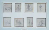 Montage comprenant huit vignettes à décor de moulins, personnages et petits ponts by Jean-Baptiste Pillement, Pierre noire et crayon bleu, sold Apr 2025
