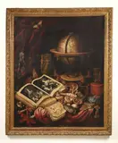 Vanité au globe terrestre, au recueil d'estampes, aux coquillages et cartes à jouer by Carstian Luyckx, Toile, sold Apr 2025