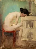 Nu féminin assis by Fernand Piet, Huile sur toile sur traits de crayon noir, sold Apr 2025