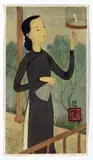Femme à l'oiseau by Mai-Thu, 1956, Lithographie en couleurs sur soie appliquée sur papier, sold Apr 2025