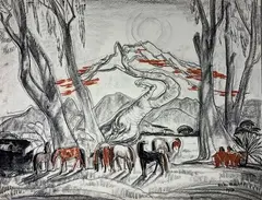 Chevaux et Moïs 1955 by André Maire, Fusain et pastel signé et daté en bas à gauche, sold Mar 2021