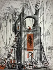 Construction d'une tour au Vietnam by André Maire, 1952, Fusain et pastel signé et daté en bas à droite, sold Mar 2021