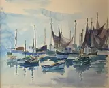 Les chalutiers de Guilvinec by Jean Feugereux, Aquarelle signée et titrée en bas à gauche, sold Feb 2021