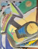 Composition by Rémi Blanchard, 1983, Acrylique et collage sur papier marouflé sur toile signé en bas au milieu et daté, sold Feb 2021