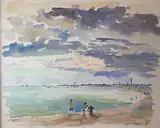 Sur la plage "vers Saint Guénolé by Jean Feugereux, Aquarelle signée en bas à gauche et située en bas à droite, sold Feb 2021
