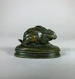 Lapin oreilles couchées by Antoine-Louis Barye, Epreuve en bronze à belle patine vert nuancé brun-rouge, sold Feb 2021