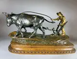 Le laboureur by Edouard Drouot, Epreuve en bronze à triple patine brun, rouge et vieil or, sold Feb 2021