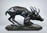 Panthère saisissant un cerf by Antoine-Louis Barye, Epreuve en bronze à patine brun-vert nuancé, sold Feb 2021