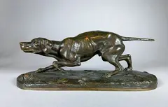 Pointeur à l'arrêt by Georges Comte de Ferrieres, Epreuve en bronze à patine brun nuancé, sold Feb 2021