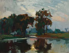 Sunset, St. Eustache by Robert Pilot, 1919, oil on board, sold Jul 2024