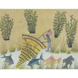 Sans titre (pêcheurs avec nasse) by Pilipili Mulongoy, Huile sur papier, sold Jun 2020