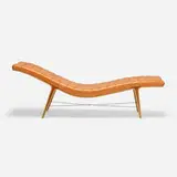 Listen-to-Me chaise lounge, model 4873 by Edward Wormley, 1948, leather, laminated maple, cherry, nickel-plated brass, steel wire, sold Mar 2023