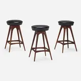 Bar stools model 177H, set of three by Vladimir Kagan, c. 1959, walnut, leather, sold Mar 2023