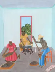 Haitian interior painting by Michaëlle Obin, oil on board, sold May 2023