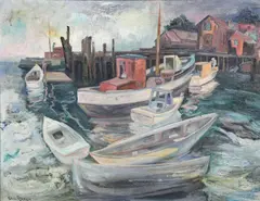 harbor scene painting by Saul Raskin, oil on wood panel, sold May 2023