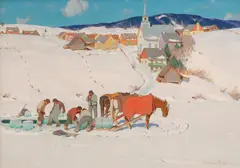 Ice Harvest, Quebec, 1935 by Clarence Gagnon, oil on canvas, sold Dec 2023