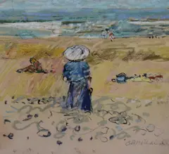 A beach landscape with figures by C.B Holland, oil, sold Oct 2023