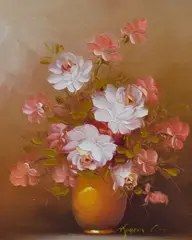 A still life depicting a vase of roses by Robert Cox, oil on canvas, sold Oct 2023
