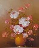 A still life depicting a vase of roses by Robert Cox, oil on canvas, sold Oct 2023