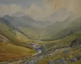 The upper reaches of a mountainous valley by J.M Nelson, 1920, watercolour, offered Oct 2023