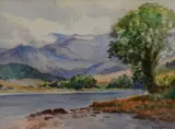 A lake scene with hills beyond by R.A. Laycock, watercolour, offered Oct 2023