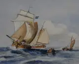 Masted fishing vessels at sea by Michael Hope, watercolour, offered Oct 2023
