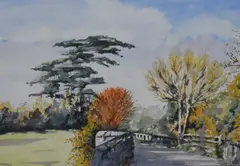 A tree lined path with blue sky above by Veronica Ayre, watercolour, offered Oct 2023