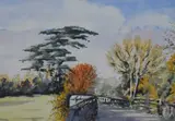 A tree lined path with blue sky above by Veronica Ayre, watercolour, offered Oct 2023