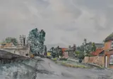 A village scene with a row of houses and church in the by J.W. Dyas, watercolour, offered Oct 2023