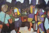 A crowd of people by John Sutherst, 1990, pastel, sold Oct 2023