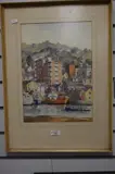 A colourful harbour scene, possibly Cornwall, with tall buildings and docked boats by G.L Cook, 1969, watercolour, offered Aug 2023