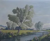 Rural river scene by Charles G. Johnson, oil on board, offered Aug 2023