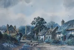A rural village scene with a shepherd and his sheep by Albert Dunington, watercolour, sold Aug 2023