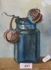 A still life depicting conkers within a blue glass by Suze de Lint, watercolour, sold Aug 2023
