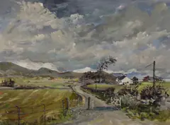 A rural mountainous landscape with a road by Fred McJannet, oil on canvas, sold Aug 2023