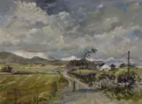 A rural mountainous landscape with a road by Fred McJannet, oil on canvas, sold Aug 2023
