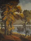 Autumnal woodland and river by David Walsey, oil on canvas, offered Aug 2023