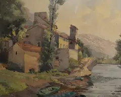 Laroque-des-Arcs, near Cahors, France by H. Crawforth, 1967, watercolour, offered Aug 2023