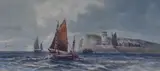 Fishing boats sailing by a harbour by M. Goodman, watercolour and gouache, offered Aug 2023