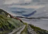 A remote lake scene with track leading towards houses by E. M. Audigier, watercolour, offered Aug 2023