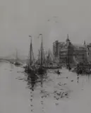 The Embankment (Sea Scout Training Ship by Rowland Langmaid, pencil, sold Aug 2023