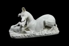A white marble group of a greyhound bitch and puppy, mid 19th century by Joseph Gott, sculpture, sold Dec 2024