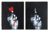 Hand and Blade & Hand and Heart by Nick Walker, acrylic and spraypaint on canvas, offered Nov 2024