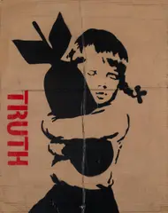 Truth Stencil and spray paint on cardboard, circa 2020, overall 650 x 495mm (25 9/16 x 19 1/2in) Framed, 840 x 685mm (33 1/16 x 27in) by Mason Storm, oil, offered Nov 2024