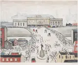 Station Approach by L. S. Lowry, Offset lithograph printed in colours, sold Nov 2024