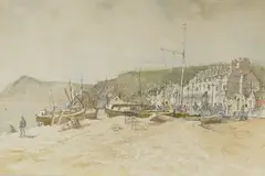 Coastal view with beached fishing boats by Roland Batchelor, watercolour, sold Mar 2025