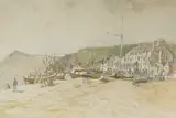 Coastal view with beached fishing boats by Roland Batchelor, watercolour, sold Mar 2025