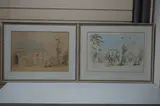 Surreal garden views by Frederick Rowland Emett, pencil and watercolours, sold Mar 2025