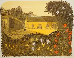 Tithe Barn and Lilies by Robert Taverner, linocut, sold Mar 2025